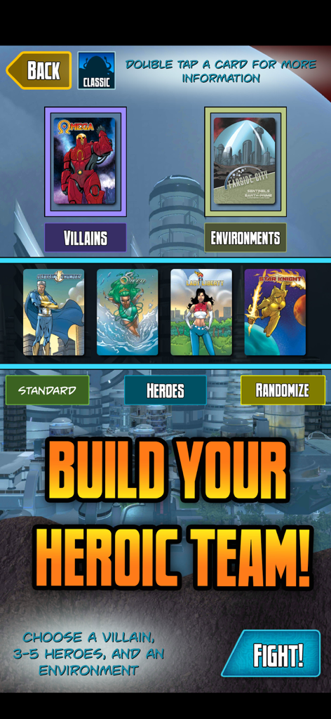 Pantalla de selección de equipo de Centinelas de Tierra-Prime mostrando cartas de héroe y villano.