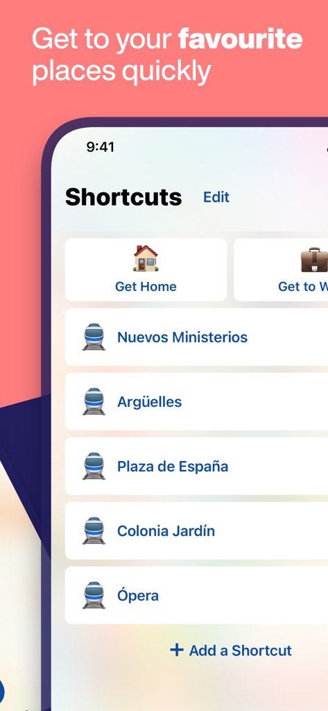 Pantalla de accesos directos de la app Madrid Metro que muestra estaciones favoritas guardadas para una navegación rápida.