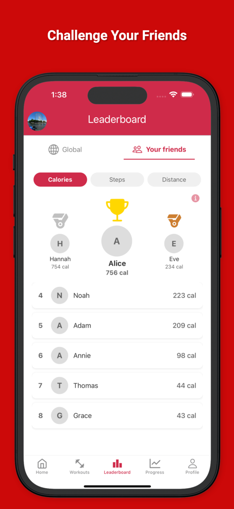 Gym Rank 모바일 앱 스크린샷, 칼로리 소모량으로 친구 순위를 매기는 리더보드 표시