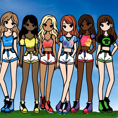 a group of girls wearing crop tops and shorts