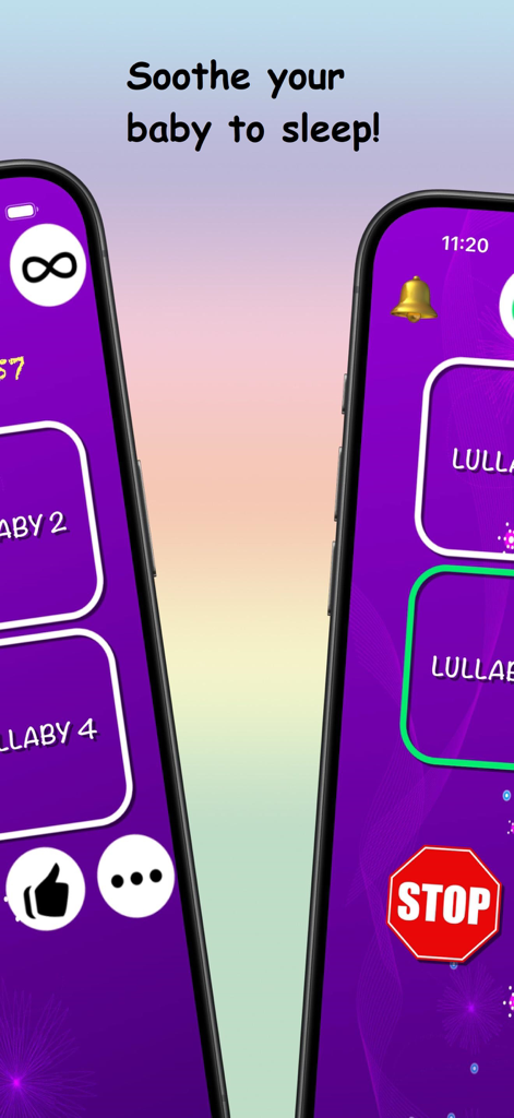 Captura de pantalla de la interfaz de usuario de la aplicación Nana para dormir que muestra botones de selección de música y un botón de parada sobre un fondo morado