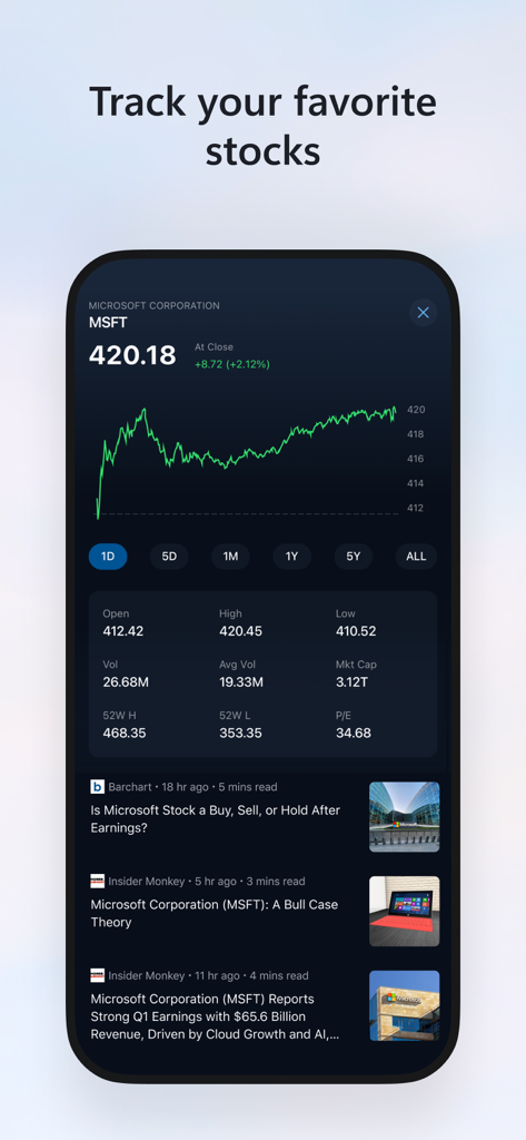MSN - MSN app financial hub showing a stock price chart for Microsoft and related news articles.