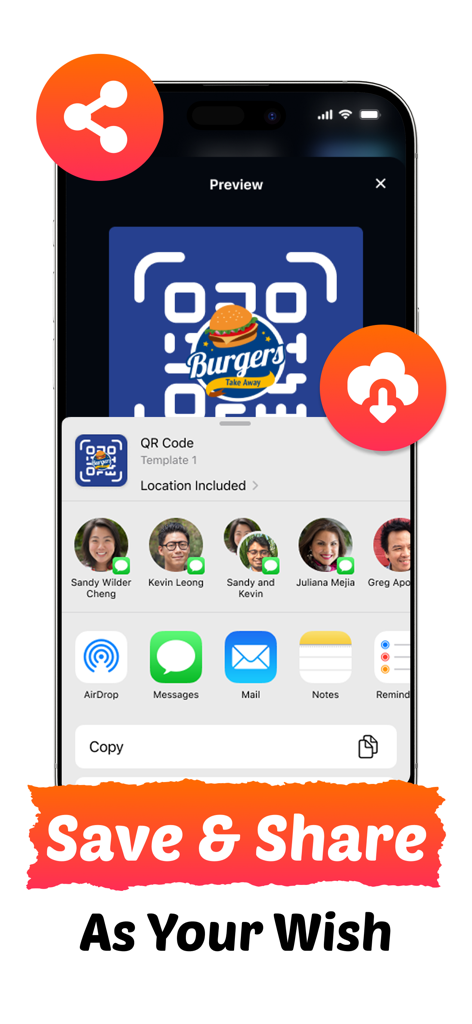 QRBot: QR Code Maker + Barcode - A screen showing the save and share options for a customized QR code with a logo