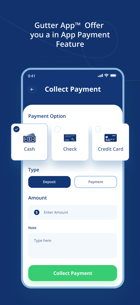 A mobile interface of Gutter App showing options for contractors to collect payments via cash, check, or credit card.