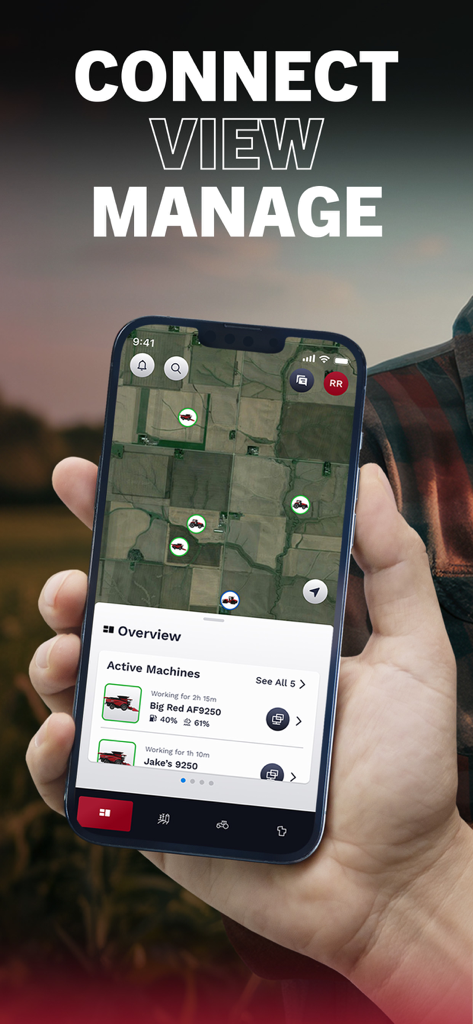 Case IH FieldOps™ - Smartphone screen showing Case IH FieldOps app with a map of active farm machines and equipment status