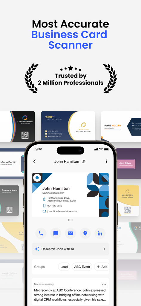 Business Card Scanner by Covve - Smartphone displaying the Covve business card scanner app interface with scanned contact details and AI research options