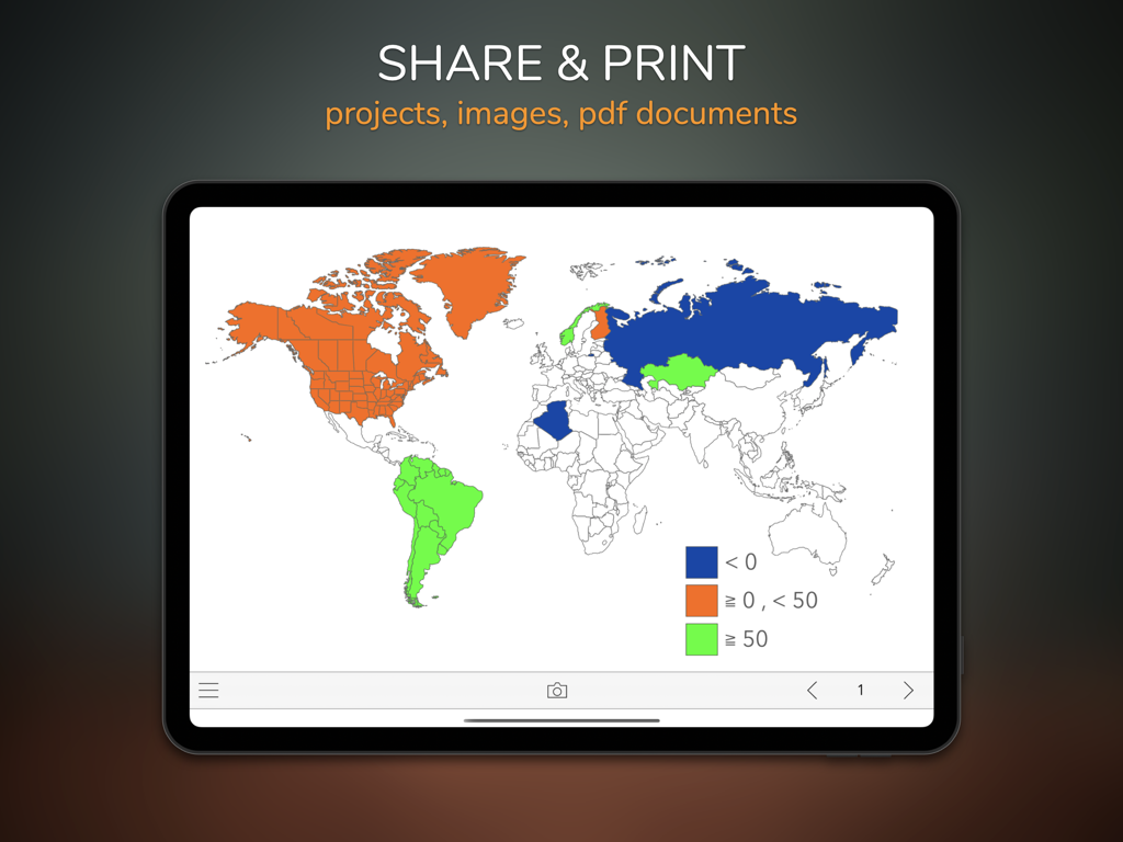 Thematics+ for Infographics - iPad-Bildschirm mit einer thematischen Weltkarte mit einer farbkodierten Legende und Optionen zum Teilen und Drucken als PDF oder Bilder