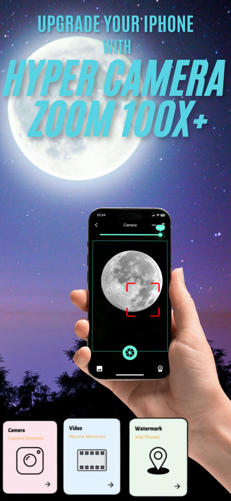Hyper Camera Ultra Zoom 100x - A hand holding an iPhone using the Hyper Camera app to capture a detailed 100x zoom shot of the moon at night