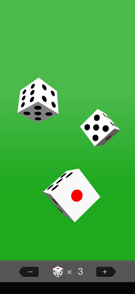 10 Dice - Trois dés blancs sur fond vert dans l'application 10 Dice