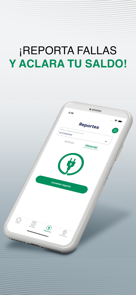 Interface do aplicativo móvel CFE Contigo para relatar falhas de energia e problemas de saldo.