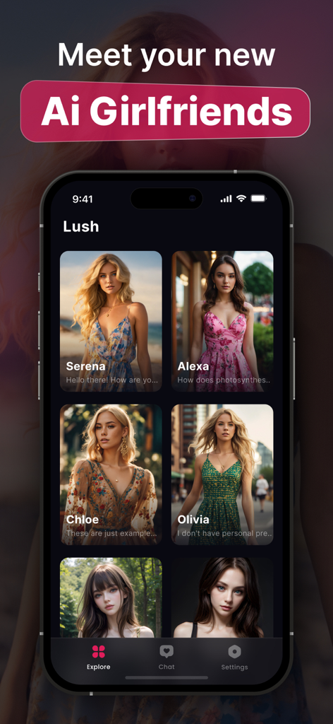AI Girlfriend - Real Friends - Una pantalla de smartphone que muestra la aplicación AI Girlfriend con varios perfiles de compañeras virtuales realistas