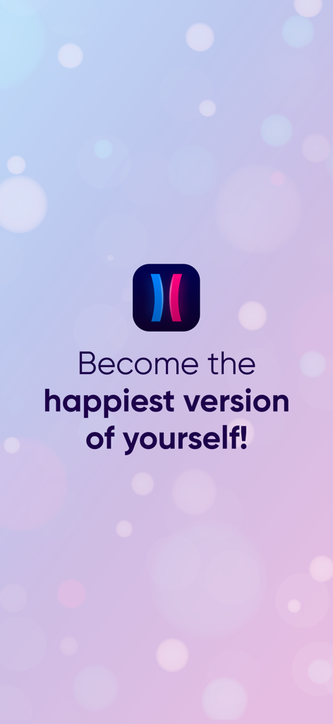 Pantalla de inicio de la aplicación Relatio con el logo y el texto Conviértete en la versión más feliz de ti mismo