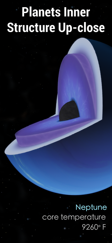 Solar Walk 2 Ads+：The Universe - A 3D cutaway visualization of the planet Neptune showing its internal layers and core temperature of 9260 degrees Fahrenheit.