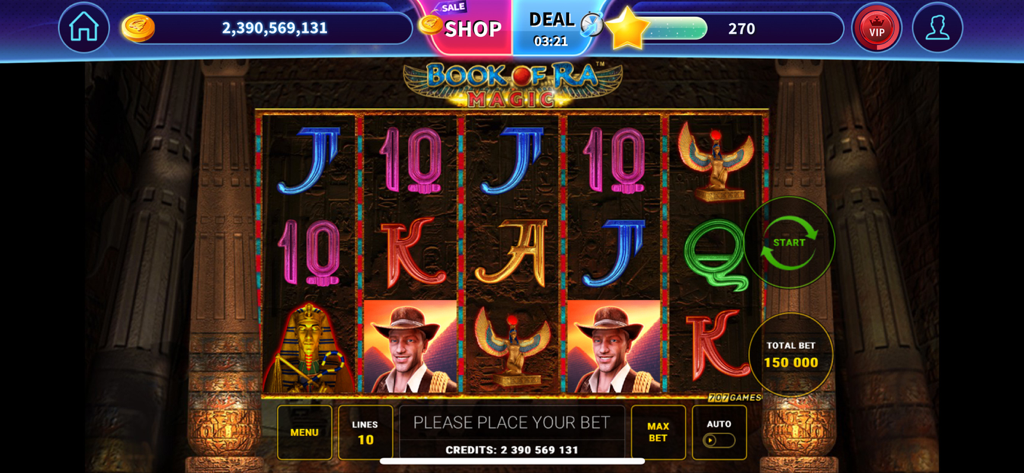 Book of Ra™ Deluxe Slot - Schermata di gioco della slot machine Book of Ra Magic con simboli egizi e un archeologo