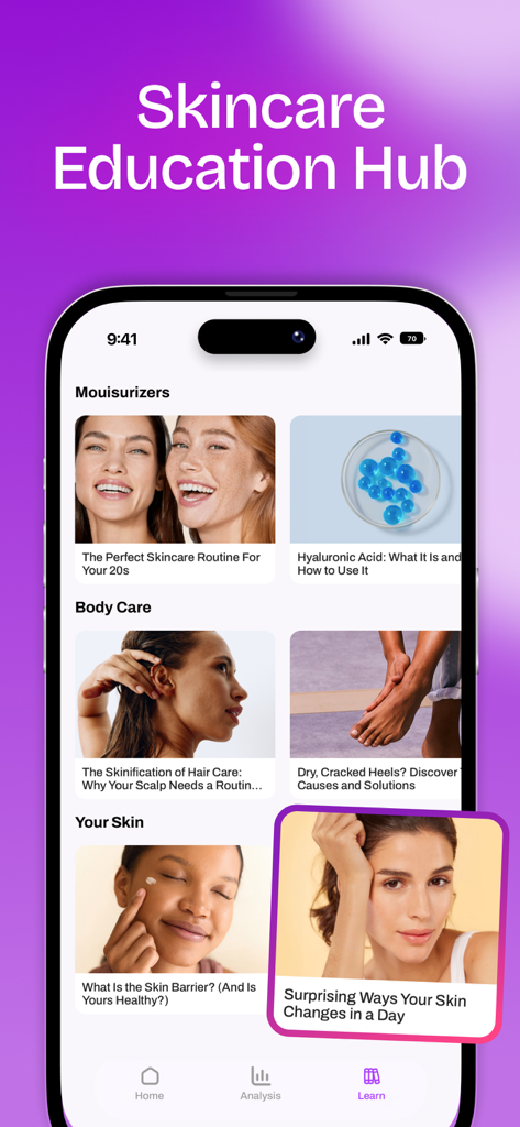 Glow Up & Skin Care AI: MAXX - Mobile app screen showing the Skincare Education Hub with various articles about skincare routines and body care tips