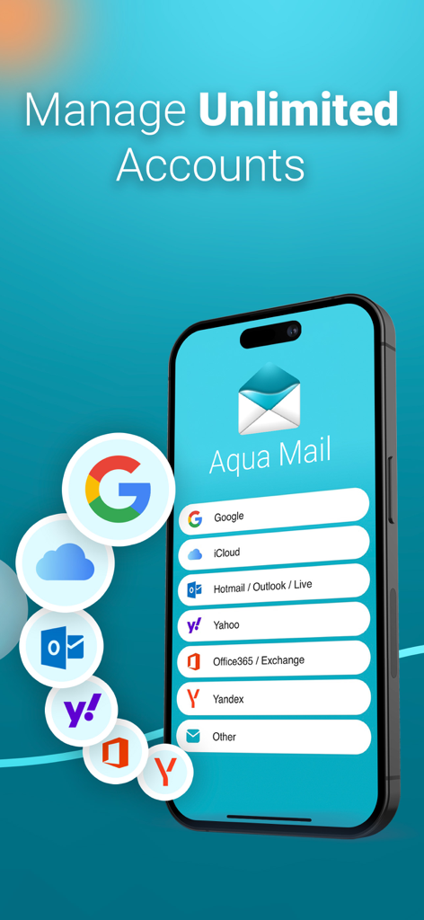 Interfaz de la aplicación Aqua Mail en iPhone mostrando una lista de proveedores de correo electrónico compatibles para gestionar cuentas ilimitadas.