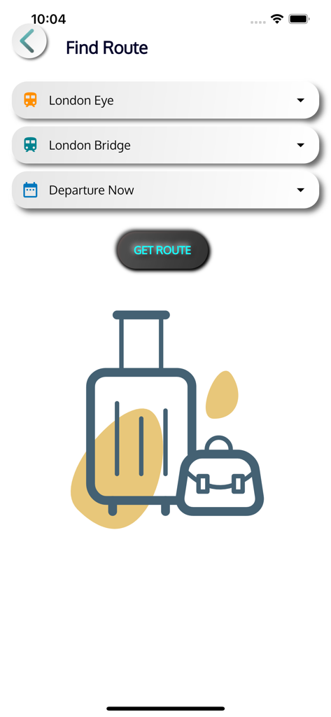 Find Route screen with options for London Eye to London Bridge trip planning