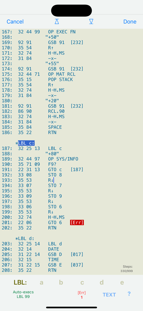 Editable program code listing showing numbered steps and RPN commands on the RPN-67 SD app interface
