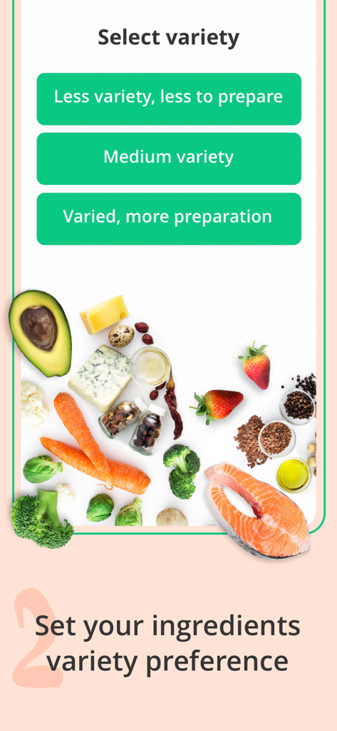 Keto Recipes & Meal Plans - Una pantalla móvil de la aplicación Keto Recipes que muestra opciones para seleccionar preferencias de variedad de ingredientes junto con alimentos frescos aptos para keto.