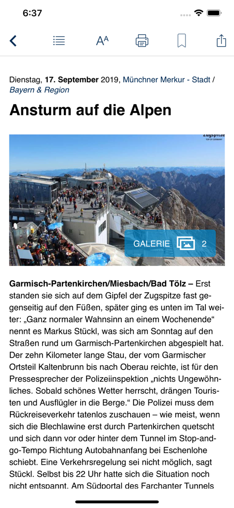 Münchner Merkur ePaper - Un articolo di notizie digitale nell'app Munchner Merkur che presenta una foto di una stazione di montagna affollata nelle Alpi