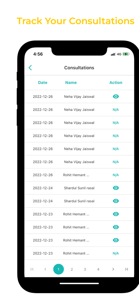 Swayam Health - For Doctors - A mobile app interface for doctors showing a list of patient consultations with dates and names