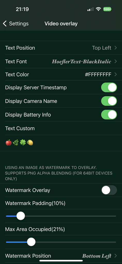IP Camera Pro - IP Camera Pro video overlay settings screen showing customization options for text timestamp camera name and watermark