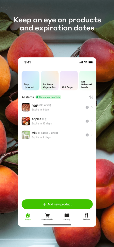 Interface of the My Products app showing food items and their expiration dates