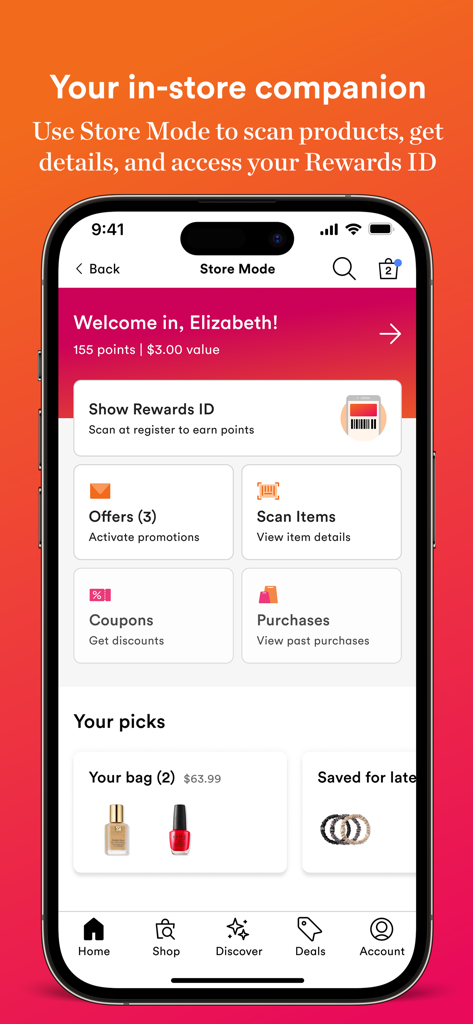 Interfaz de la aplicación Ulta Beauty que muestra funciones del modo tienda, incluidos puntos de recompensa y herramientas de escaneo de productos