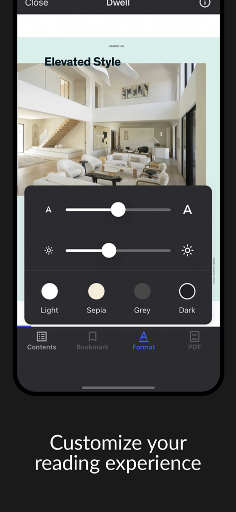 Dwell Magazine - A mobile interface for the Dwell app showing options to customize the reading experience with font size brightness and theme selection