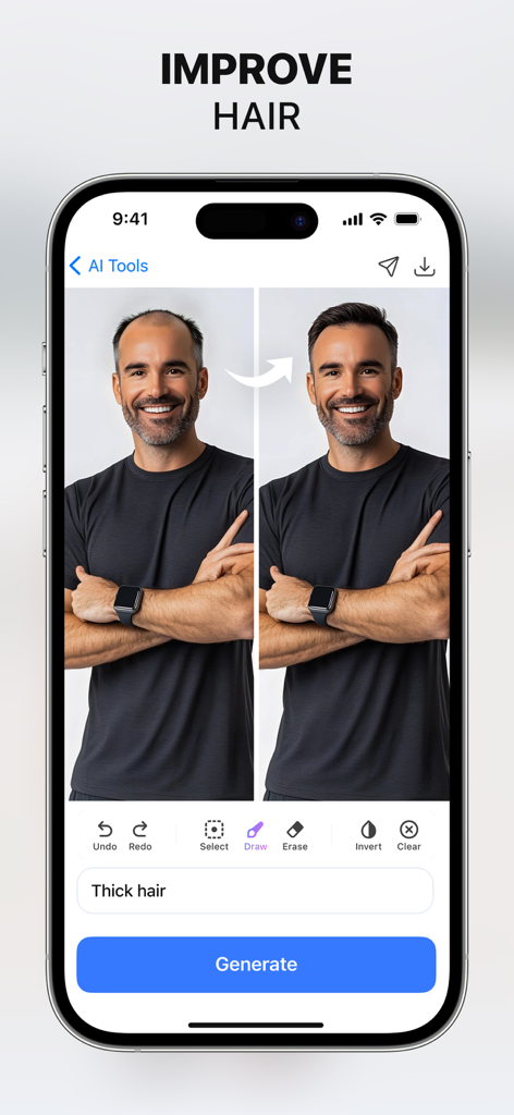 Monet AI - Fix Photo & Enhance - Comparación de antes y después de un hombre usando Monet AI para obtener cabello más grueso mediante una indicación de texto.