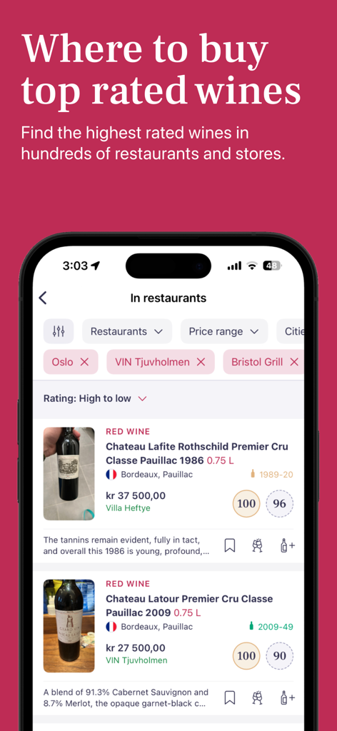 Vinify: Wine cellar & reviews - Vinify app interface displaying expert ratings and availability of premium wines in local restaurants