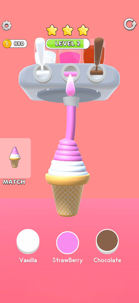Ice Cream Inc. - Gameplay of Ice Cream Inc showing a machine pouring pink strawberry soft serve onto a cone to match a target model