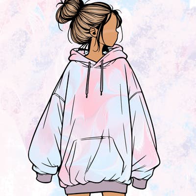 realistic girl with a oversized sweatshirt on and a bun
