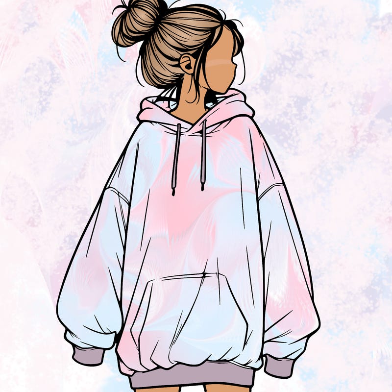 realistic girl with a oversized sweatshirt on and a bun
