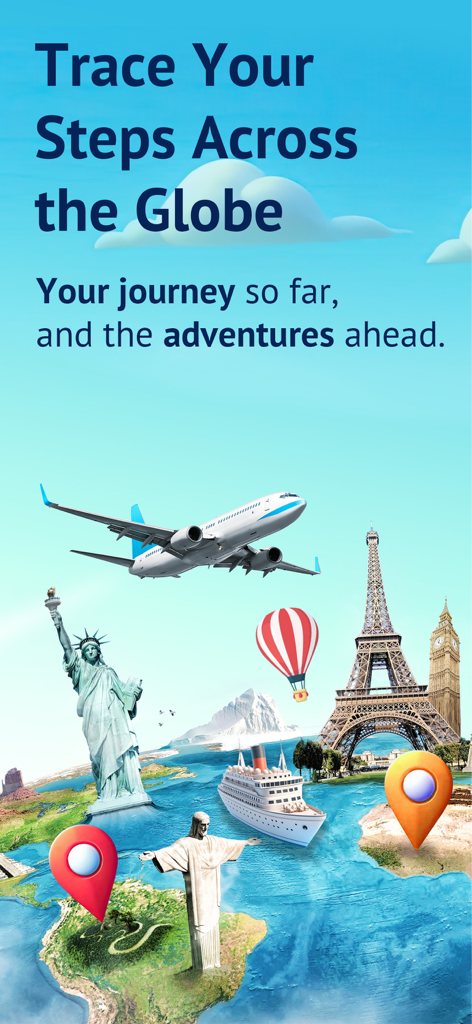 My Travel Map: Trip Tracker - Grafik von Weltwundern und Ortsmarkierungen, die eine globale Reiseroute darstellen