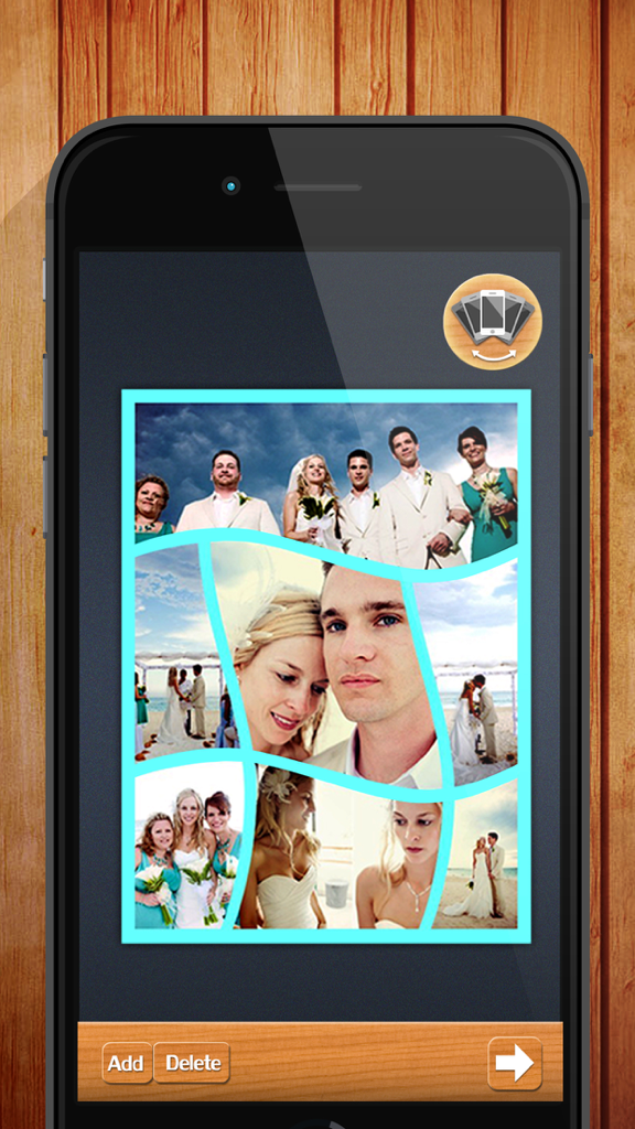 Smartphone screen displaying a wavy wedding photo collage grid