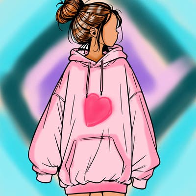 realistic girl with a oversized sweatshirt on and a bun