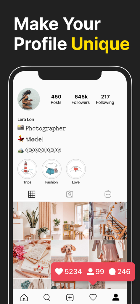 Fonts for iPhone & Keyboards - A mobile screen showing an Instagram profile with unique custom fonts in the bio