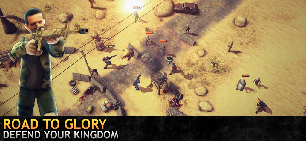 Last Hope TD - A soldier hero with a rifle defending a desert road against a zombie horde in Last Hope TD