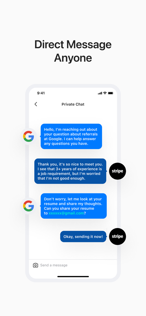 Blind - Professional Community - Screenshot of the Blind app showing a private chat between verified employees for professional networking and job referrals