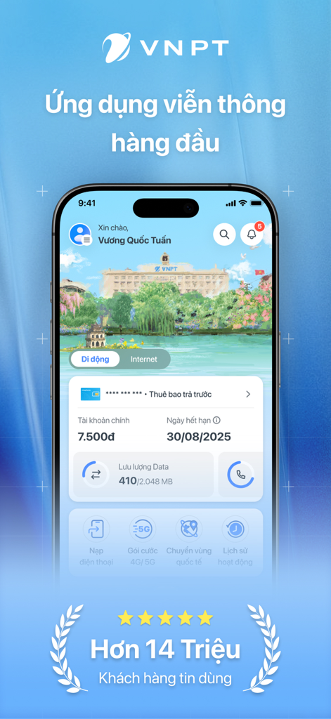 My VNPT - Screenshot of My VNPT app interface showing account balance and data usage statistics