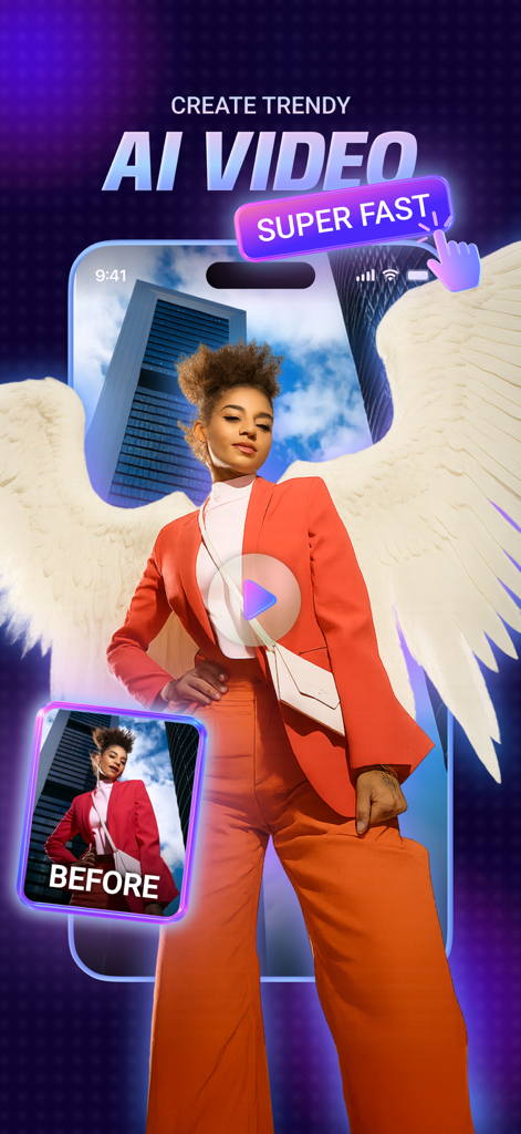 AI Video Generator: Tvorra - Tvorra app screenshot showing a photo of a woman transformed into a trendy AI video with angel wings