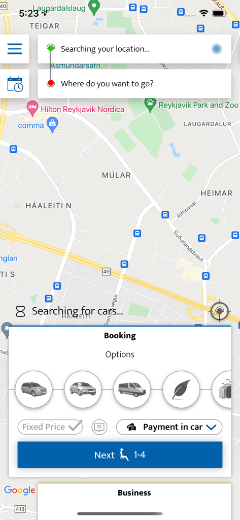 Taxi Hreyfill - Taxi Hreyfill app interface for booking a ride in Reykjavik with map and vehicle options