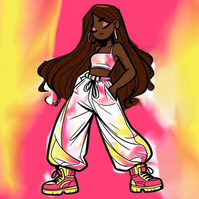 girl in baggy pants crop top and long hair