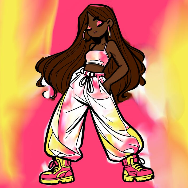 girl in baggy pants crop top and long hair