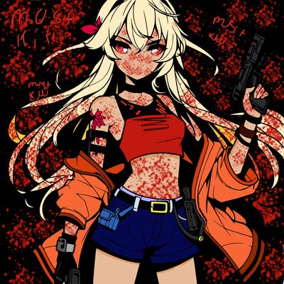 bad girl wearing crop top holding a gun long hair anime
