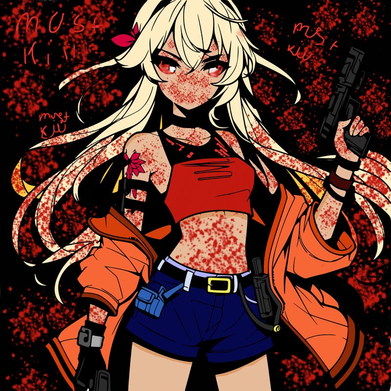 bad girl wearing crop top holding a gun long hair anime