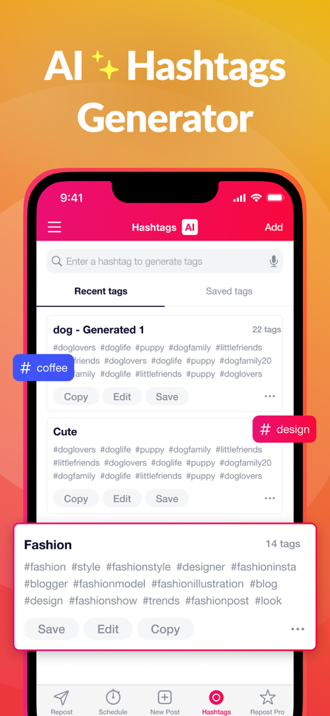 Repost+ for Instagram . - Interface of the AI hashtag generator feature in the Repost+ for Instagram app showing curated hashtag groups for fashion and pets.