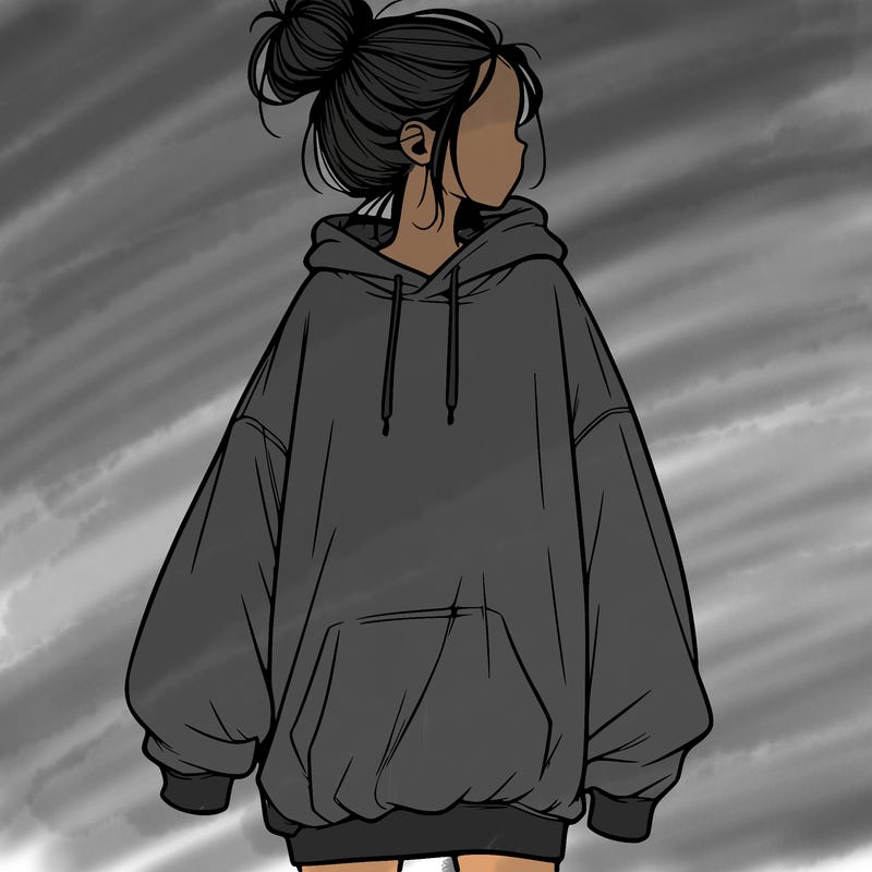 realistic girl with a oversized sweatshirt on and a bun