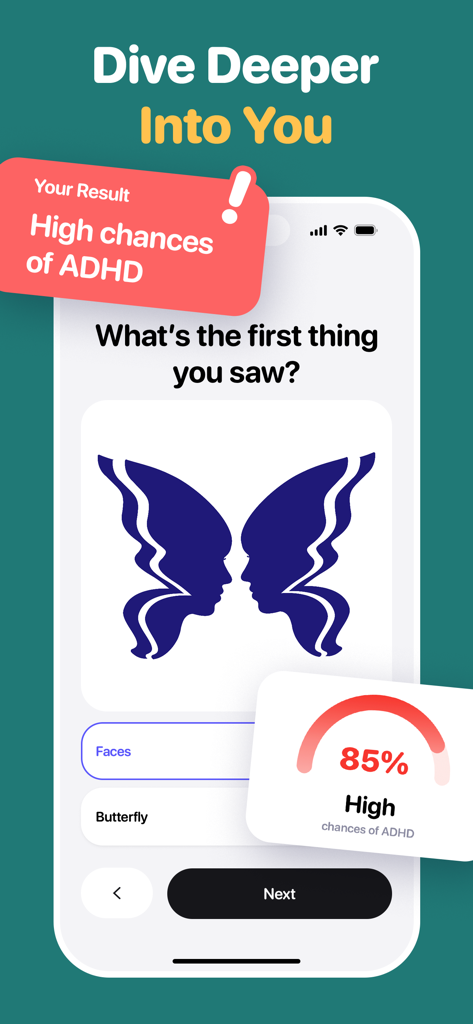 BrainGain - Brain Training - Capture d'écran de l'application BrainGain montrant un test de santé mentale avec une illusion d'optique et un indicateur de résultat TDAH.